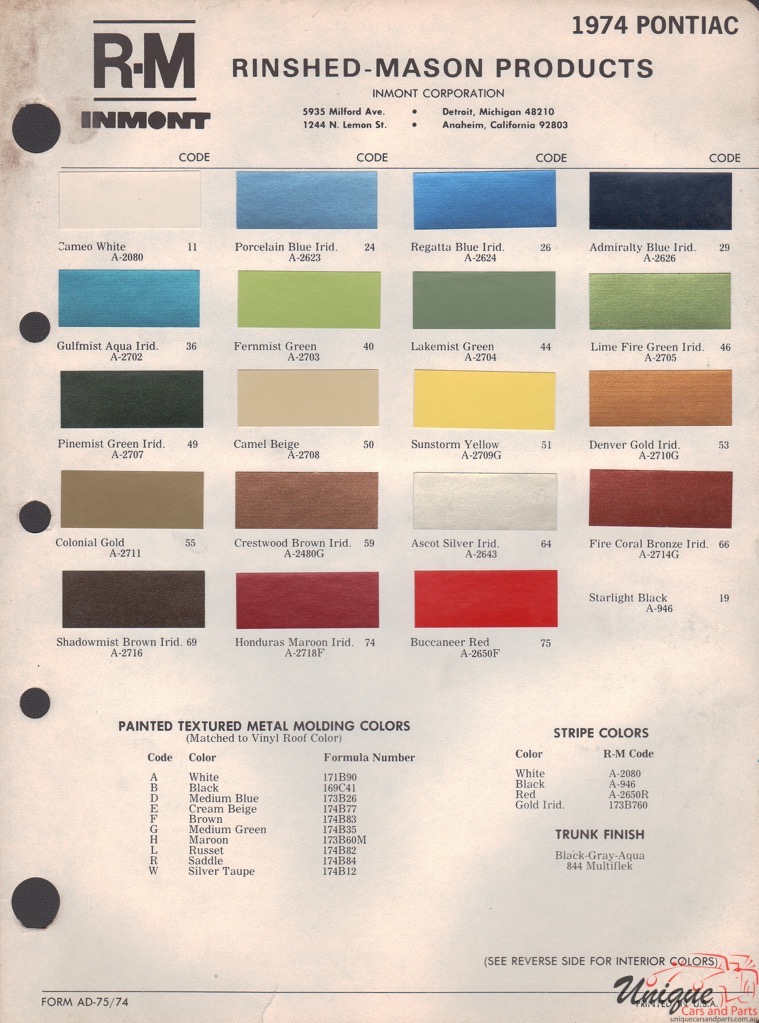 1974 Pontiac Paint Charts RM 1